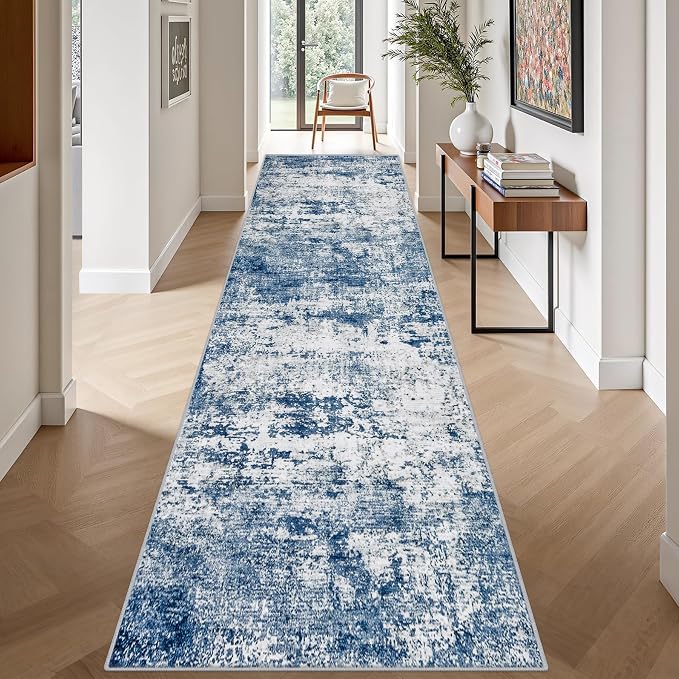 Washable Area Rug 3x14 Entryway Rug: Washable Modern Abstract Soft Thin Rug Indoor Floor No Slip Stain Resistant Carpet for Bedroom Dining Room Farmhouse Nursery Home Office - Blue - Image 4