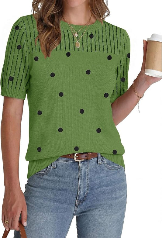 Zeagoo Women's Short Sleeve Sweater Tops 2026 Spring Summer Crew Neck Hollow Out Blouses Dressy Business Casual Outfits by Zeagoo