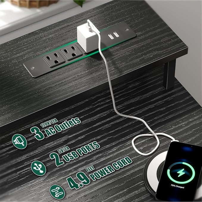 Korfile 55 Inch Gaming Computer Desk with Power Outlets,LED,5 Drawers,Black | For gaming and working,built-in power outlets and LED lights,5 fabric storage drawers, fits 55-inch, monitor stand,,black - Image 4