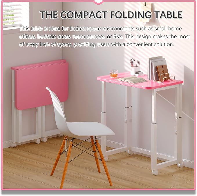 4NM No Tool Assembly 23.6" Small Desk, Folding Portable Desk with Wheels, Adjustable Height Foldable Computer Home Office Desks, Collapsible Study Writing Table for Space Saving Bedroom - Pink White - Image 3