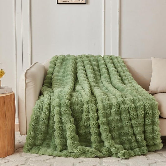 COOVA Faux Fur Throw Blanket for Couch, Cozy Soft and Fuzzy Plush Rabbit Fur Bubble Blanket for Sofa Bedroom Living Room, 50x60 Inches Light Green by COOVA