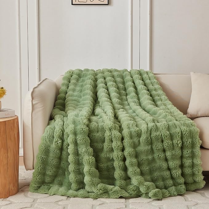COOVA Faux Fur Throw Blanket for Couch, Cozy Soft and Fuzzy Plush Rabbit Fur Bubble Blanket for Sofa Bedroom Living Room, 60x80 Inches Light Green by COOVA