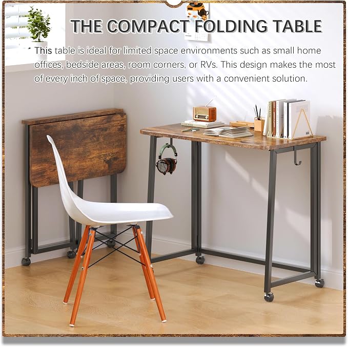4NM 31.5" Mobile Small Folding Desk, Foldable Rolling Computer Home Office Desk, Study Writing Table for Small Space Saving Bedroom, with Wheels - Rustic Brown and Black - Image 3