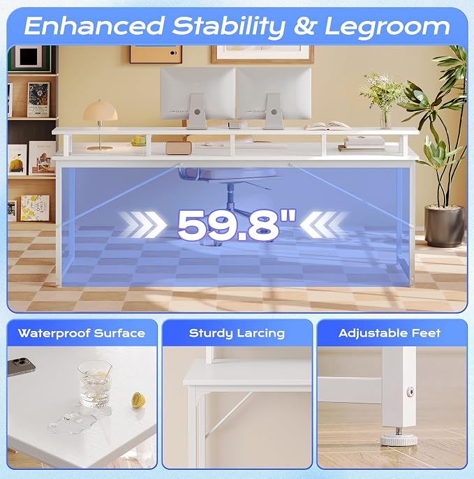 PRAISUN 63 inch Gaming Desk, LED & Power Outlets, Monitor Stand, White | Sturdy PC Desk for Home Office, Study & Work, LED Lights, 4 AC Outlets & USB-C Charging Station - Image 8