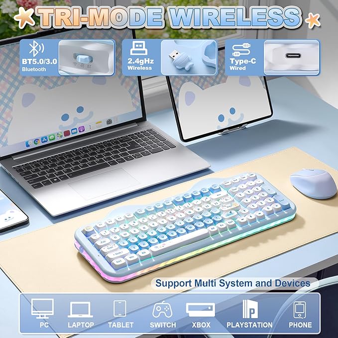YUNZII C98 Cute Cake Wireless Mechanical Keyboard(Blue, Candy Switch) | 99 Keys with Number Pad, Hot Swap, PBT MOA Keycaps, BT5.0/2.4G/USB-C, Gasket Mount, Custom RGB Backlit for Win/Mac - Image 3