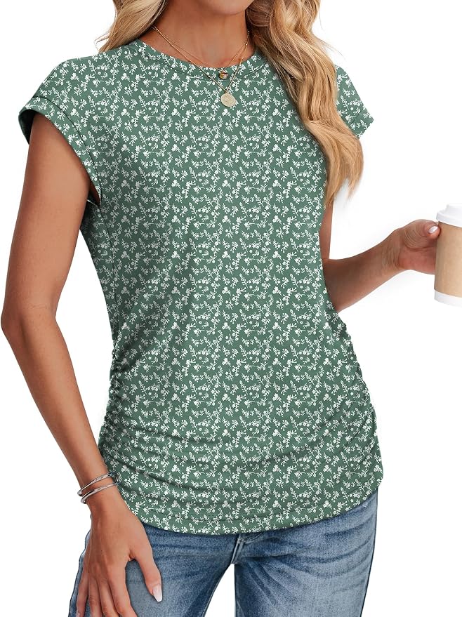 Sampeel Womens Summer Tops Trendy 2026 Ruched Cap Short Sleeve Tshirts Shirts Crew Neck T Shirts Fashion - Image 3