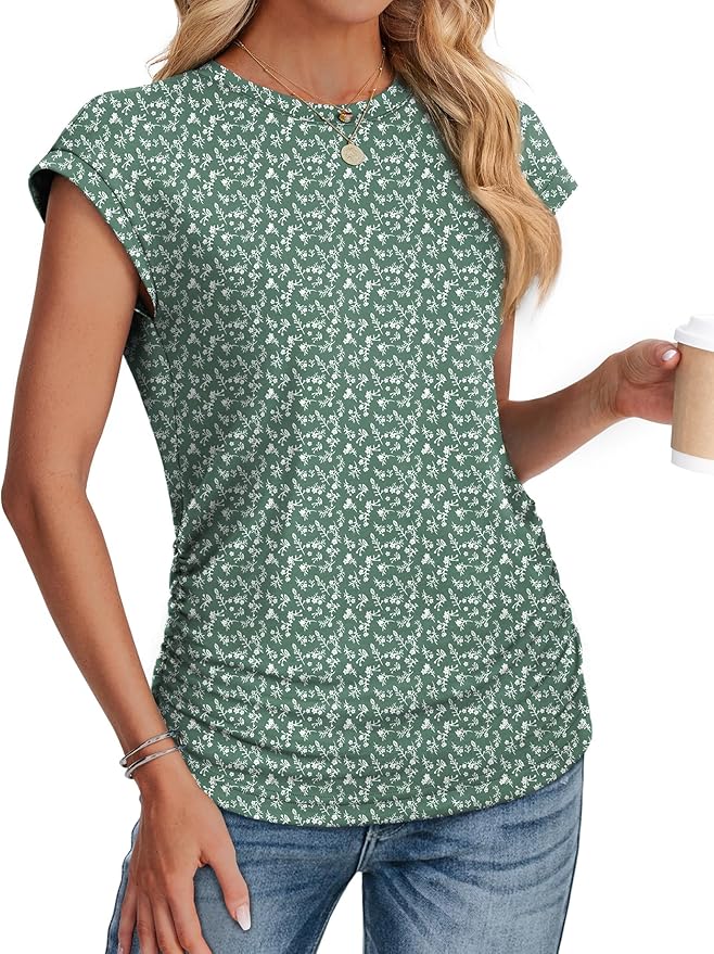Sampeel Womens Summer Tops Trendy 2026 Ruched Cap Short Sleeve Tshirts Shirts Crew Neck T Shirts Fashion - Image 3