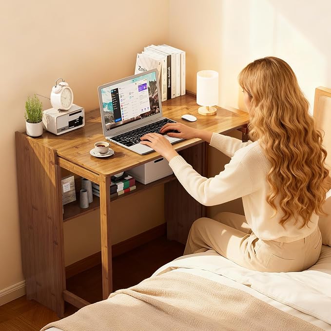 Folding Desk for Small Spaces, Bamboo Foldable Desk with Storage, Brown | Small Computer Desk with Bookshelf, Mid Century, Fold Out，Compact Size, for Bedroom, Living Room, Apartment, Home Office - Image 9