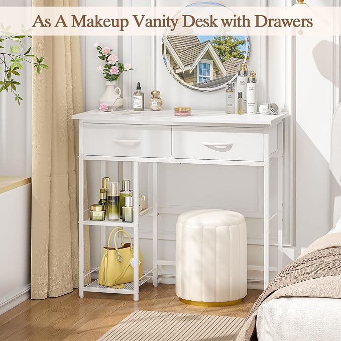 ThreeHio Small Writing Desk with 2 Drawers, White Computer Desk with Storage Shelf, Home Kids Study Table for Small Spaces, Simple Desk for Bedroom, Home Office, Living Room, Dorm, Vanity Desk, White - Image 7