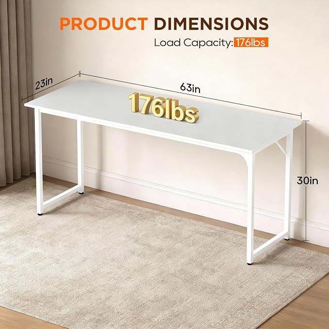 PayLessHere | 63 Inch Computer Desk | White | Office Desk with Metal Frame, Adjustable Feet | Water-Resistant, Scratchproof Surface | Sturdy Writing Table for Home Office or Study | Pack of 1 - Image 3