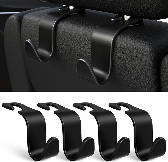 Amooca 4-Pack Car Headrest Hooks –Holds 55lbs Vehicle Storage Organizer for Purses Handbags Groceries Backpack Coats 360° Rotating Black - Image 8