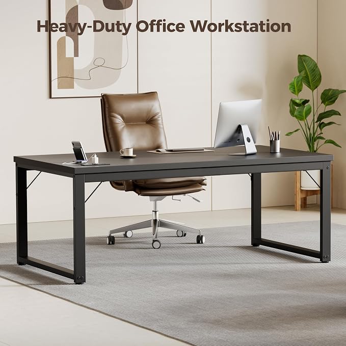 Mericonia 54 Inch Computer Desk with Power Outlets, 1.2" Thick Office Table | Modern Simple Style, Heavy Duty Industrial Frame, Study & Writing Table for Home Bedroom Work, Black - Image 3