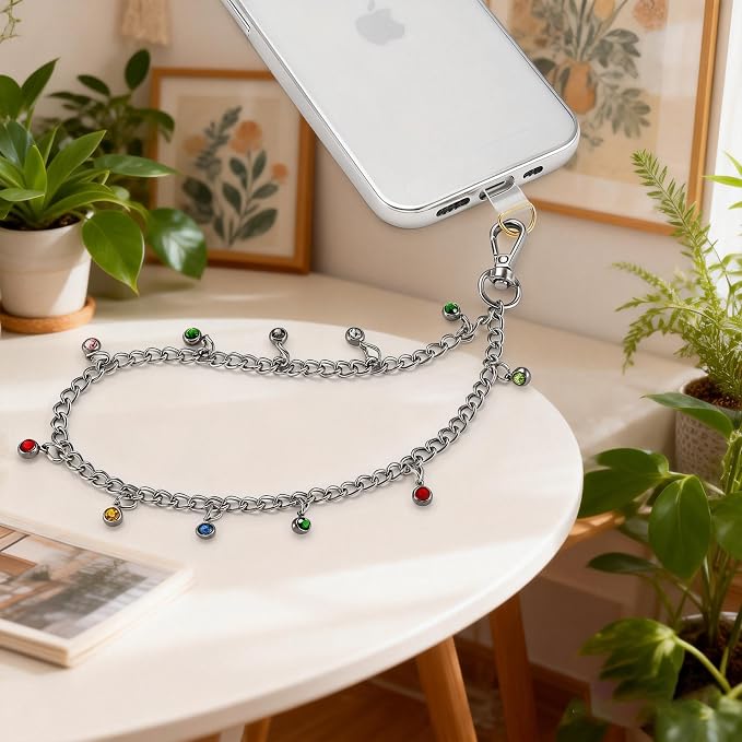 Phone Charm Wrist Strap Silver Metal Chain Detachable Lanyard Hand Wristlet Fashion Shine Finger Grip Anti-drop with 2 Tether Tab for Women Girls Universal for iPhone 16 Pro Max Colorful Gem - Image 6
