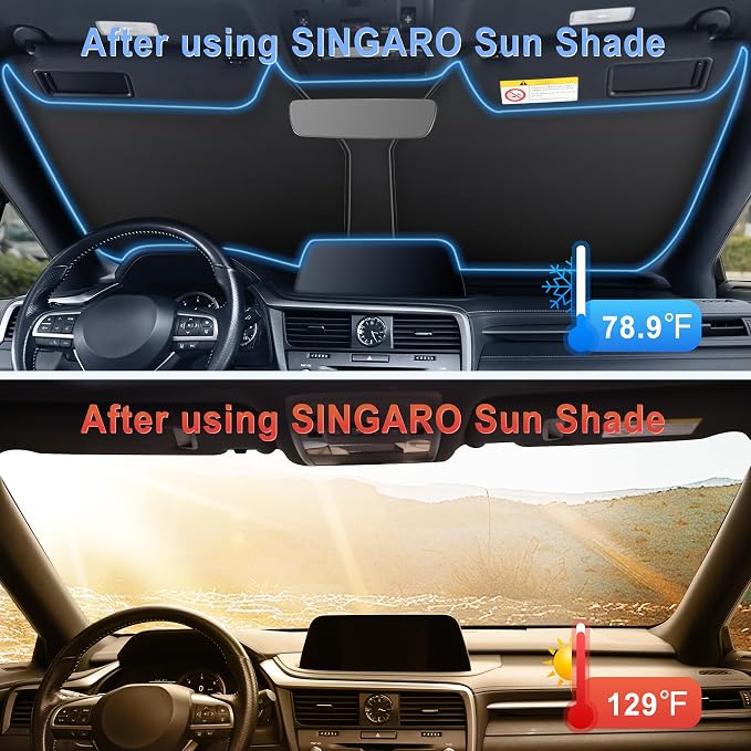 SINGARO 300T Universal Car Windshield Sun Shade, Foldable Reflective for Windshield & Window Shades with Overlapping Design, Car Interior Accessories (58" L x 32" W) - Image 3