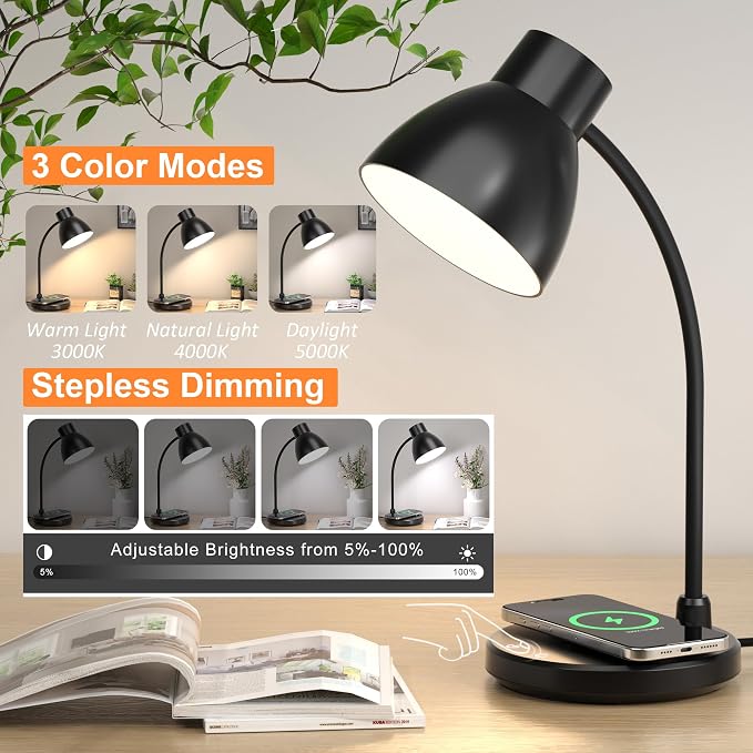 LED Desk Lamp for Home Office with Wireless Charger, Matte Black | 3 Color Modes Dimmable Eye-Caring Study Reading Dorm Desk Lamp, 360° Flexible Arm Table Lamp for College Dorm Room, 800 Lumen - Image 2