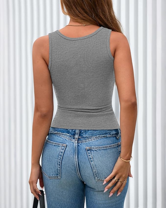 BTFBM Summer Tops for Women 2026 Scoop Neck Ribbed Henley Button Sleeveless Casual Spring Basic Tank Top Clothes Outfits - Image 3