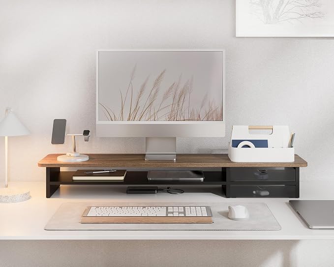 Fenge Monitor Stand, Dual Monitor Riser, 42.5inch Large Desk Computer Monitor Stand Riser with Drawer, 2 Tier Wood & Acrylic Desktop Organizer for Computer, Laptop, Printer, TV Screen Riser - Image 6