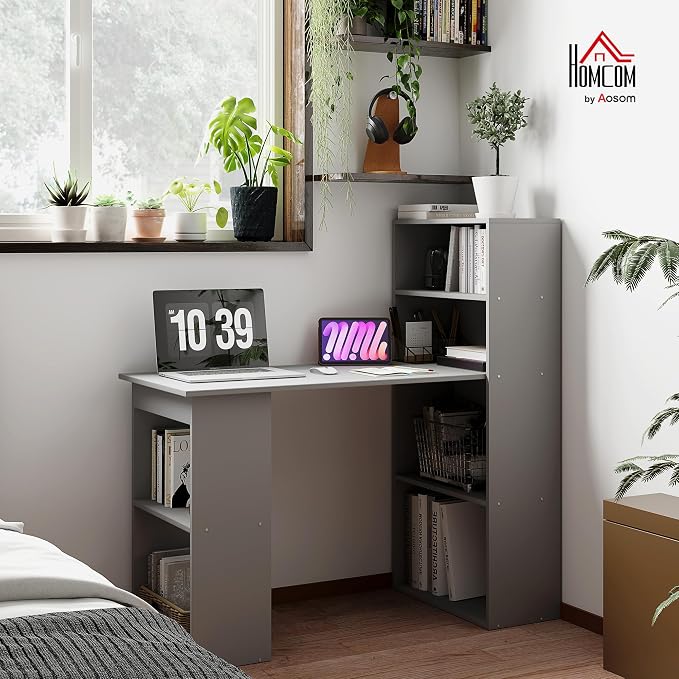 HOMCOM Modern Home Office Desk with 6-Tier Storage Shelves, 47", Gray | Writing Desk, Bookshelf - Image 2