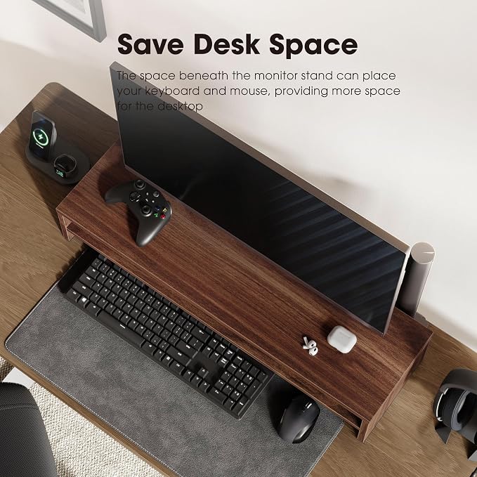 Fenge 31.5 Inch Dual Monitor Stand Riser for Desk, Brown | Wooden Desk Shelf, 2-Tier Open Storage Compartment, for PC Laptop Screen Printer, Home Office Desktop Organizer - Image 5