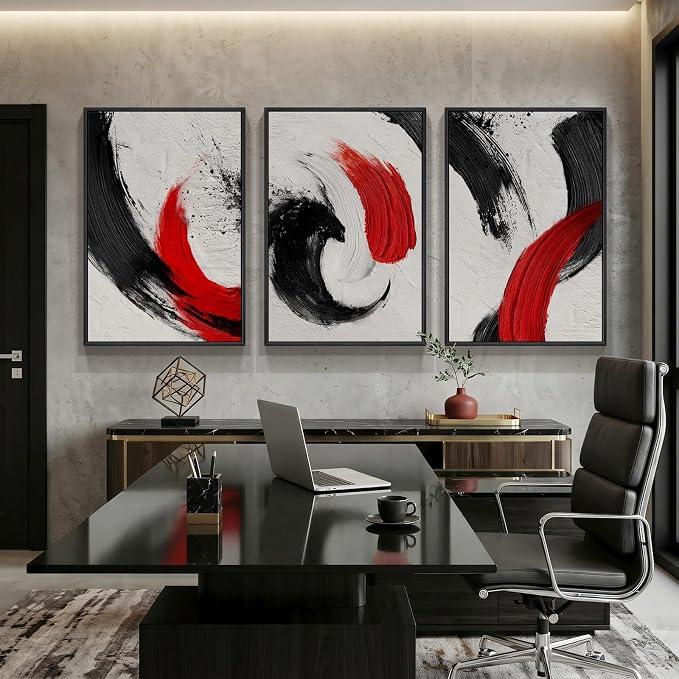 Large Framed Red Black White Abstract Wall Art for Living Room, 3 Piece Modern Canvas Prints Paintings Artwork for Walls, Red Black Minimalist Pictures for Bedroom Hallway Office Wall Decor 24x36 In - Image 6