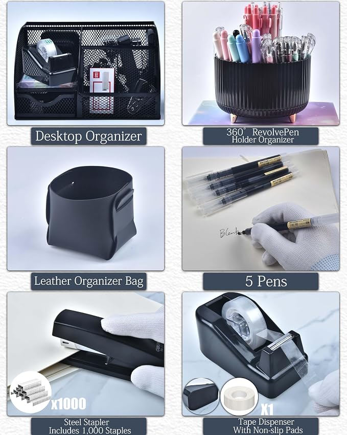 LXEVIHK 20Pcs Black Desk Organizers and Accessories With Mesh Desk Organizer and 360°Rotating Pen Holder and a Lot of Office Black Office Supplies Beautifully Presented in a Gift Box - Image 3