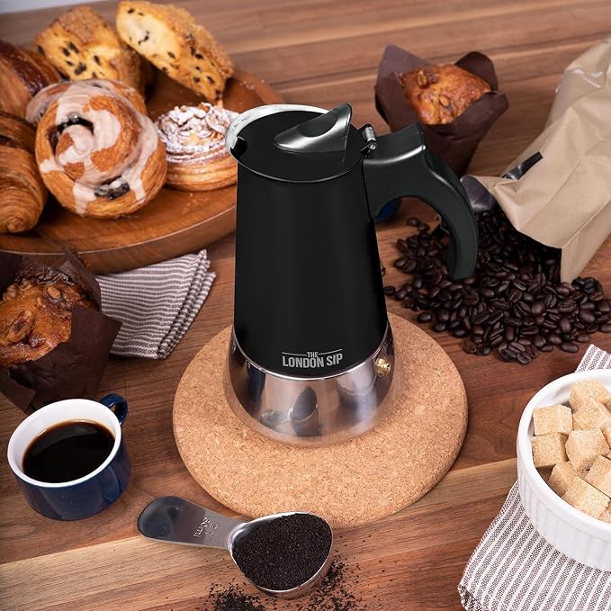London Sip Stainless Steel Stovetop Espresso Maker Moka Pot Italian Coffee Percolator, Matte Black, 3 Cup - Image 3