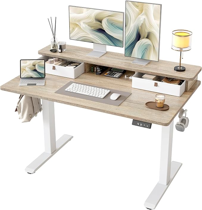 TIQLAB Standing Desk with Two Drawers, Stand Up Standing Desk Adjustable Height, Electric Sit Stand Table with Storage Shelf and Splice Board, 48 * 24 inch, Maple by TIQLAB