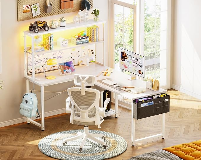 AODK L Shaped Desk Gaming Desk with LED Light & Power Outlet | 53 Inch White Reversible L Shaped Computer Table with Shelf, Corner Desk with Storage Bag&Hook for Home Office Desk - Image 8