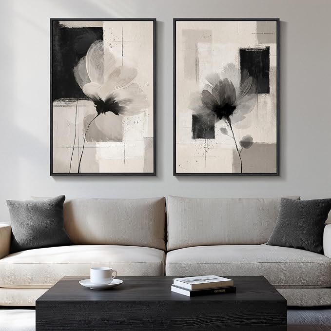 Large Framed Neutral Abstract Floral Wall Art, Set of 2 Black and Beige Modern Canvas Prints Paintings Artwork for Walls, Minimalist Pictures for Living Room, Dining Room, Bedroom Wall Decor 24x36 In by Cuspin