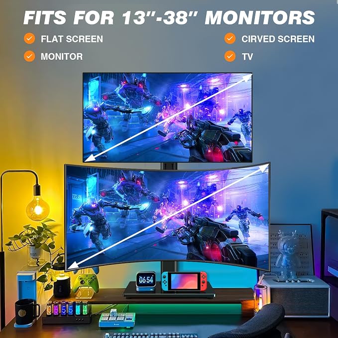 Dual Monitor Stand VESA Mount for 13-38 Inch Screens up to 44lbs | Free-Standing Monitor Riser with Swivel, Tilt, Rotation & Height Adjustable, Compatible with VESA 75x75-100x100mm - Image 7
