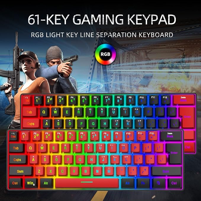 Snpurdiri 60% Wired Gaming Keyboard,True RGB Small Compact 61 Keys Mini Keyboard for PC/Mac Gamer, Typist, Travel, Easy to Carry on Business Trip(Black-Red) | Mini Gaming Keyboard for PC/Mac Gamer, Typist, Travel, Easy to Carry on Business Trip - Image 3