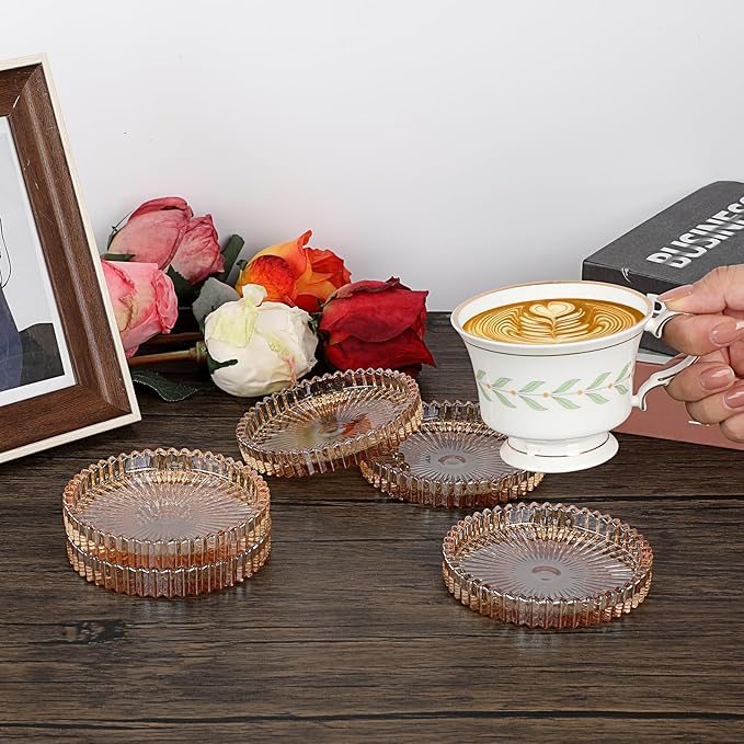 Modern Clear Coasters Set of 5- Glass Cute Coasters for Drinks Crystal Coaster Round Chic Cup Mat Cute Coffee Table Coaster for Kitchen, Bar, Dining Room, Living Room, Patio(Amber) - Image 5