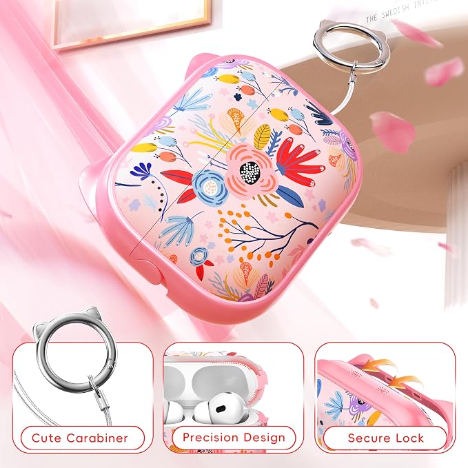 for AirPods Pro 2 Case with Cleaning Kit, Cute Cat Ear Print Design & Cute Buckle for Girls, Phone Holder & Top Safe Lock Buckle Design for AirPods Pro 2nd/1st Gen case, Pink Flower - Image 5