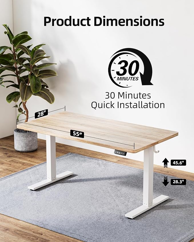 TIQLAB 55 * 28 Inches Standing Desk, Adjustable Height Stand up Desk,Sit Stand Home Office Table with Splice Board, Maple - Image 4