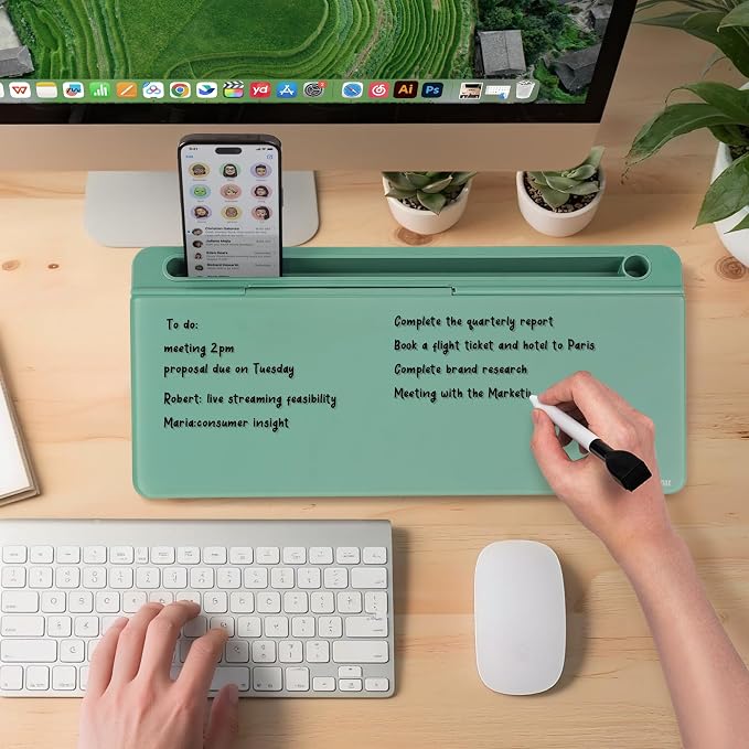 Varhomax Glass Desk Whiteboard with Storage, Desktop Organizer to-do List Memo Notepad Dry Erase White Board for Home Office and School Supplies (Green) - Image 2