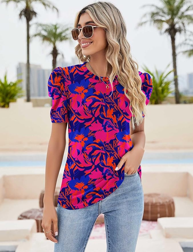 Ivicoer Puff Short Sleeve Shirt for Women Eyelet Tops Summer Crewneck Blouse Loose Fit S-XXL - Image 3