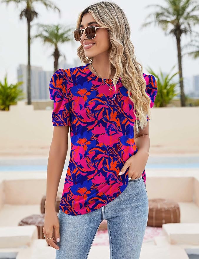 Ivicoer Puff Short Sleeve Shirt for Women Eyelet Tops Summer Crewneck Blouse Loose Fit S-XXL - Image 3