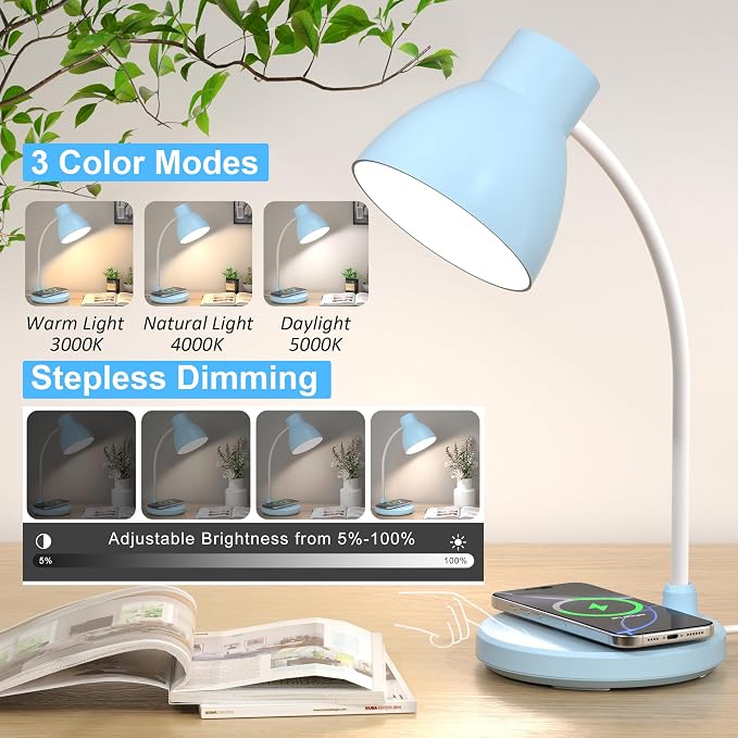 LED Desk Lamp for Home Office with Wireless Charger, Blue | 3 Color Modes Dimmable Eye-Caring Study Reading Dorm Desk Lamp, 360° Flexible Arm Table Lamp for College Dorm Room, 800 Lumen - Image 3