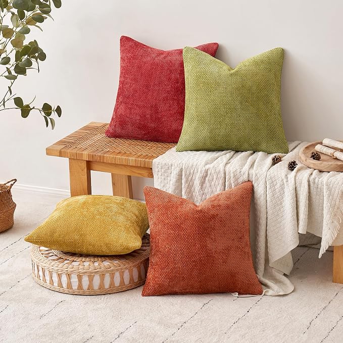 MIULEE Pack of 4 Burnt Orange Couch Throw Pillow Covers 18x18 Inch Yellow Green Soft Decorative Chenille Pillows Farmhouse Accent Cushions for Boho Fall Home Decor Sofa Bedroom Living Room - Image 5