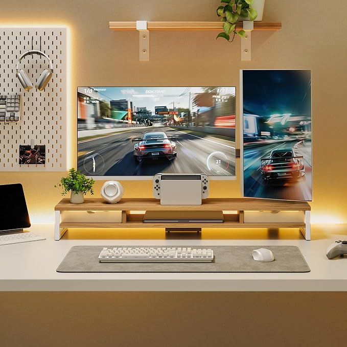 Fenge Dual Monitor Stand, Monitor Riser with Drawer, 42.5 Inch Large Computer Monitor Stand for 2 Monitors, 2 Tier Wooden Desk Shelf for Top of Desk - Image 8