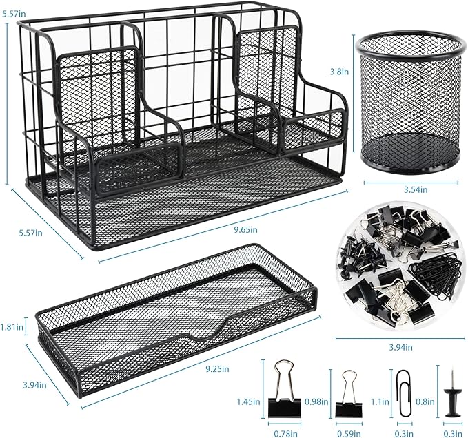 Desk Organizers Caddy and Accessories with 7 Compartments + Pen Holder / 72 Clips Set, Drawer, Black Mesh Office Supplies Desktop Organizer for Home, Office Ect - Image 5