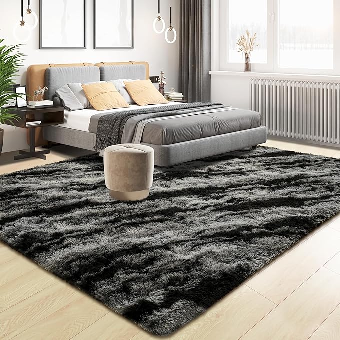 Tepook Fluffy Large Rugs for Living Room, 8x10 Area Rugs for Bedroom, Modern Shag Fuzzy Carpets for Kids Boys Girls, Plush Indoor Nursery Home Decor Rug with Non-Slip Bottom, Black Grey - Image 3