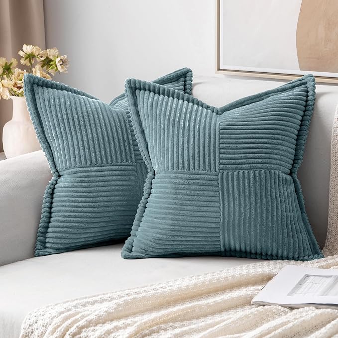 MIULEE Decorative Throw Pillow Covers for Couch Bed Livingroom 18x18 Inch Set of 2 Dusty Blue Boho Accent Throw Pllows Broadside Striped Patchwork Soft Corduroy Summer Coastal Pillowcases by MIULEE