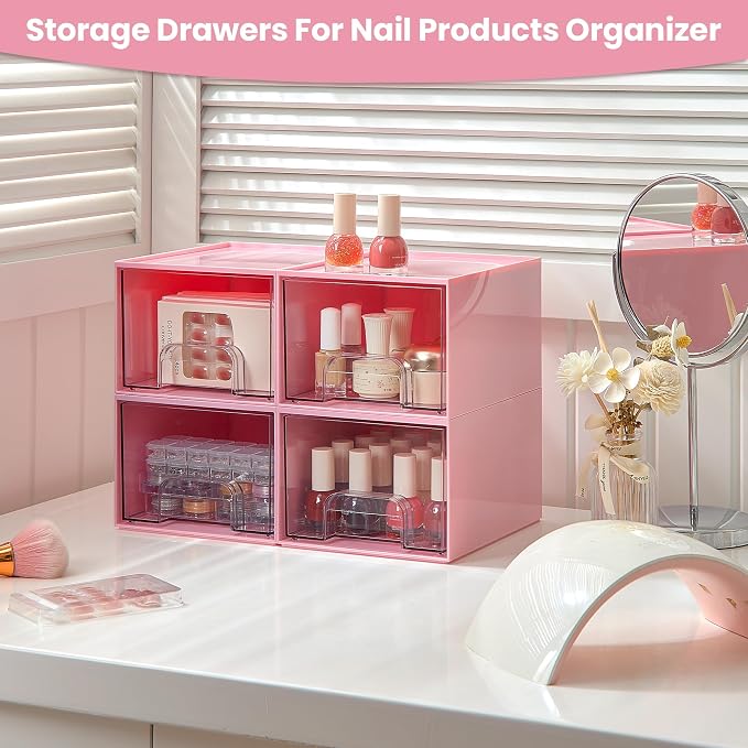 Vtopmart 4 Pack Small Clear Stackable Storage Drawers, Acrylic Bathroom Makeup Organizer, Plastic Storage Bins for Vanity, Undersink, Kitchen Cabinets, Pantry, Home Organization,Pink - Image 4