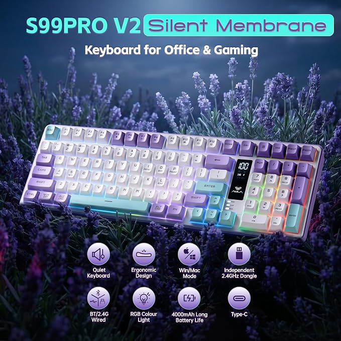 Aula S99pro V2 Wireless Gaming Keyboard,Silent Computer Keyboards,Creamy Membrane Keyboard with Number Pad,Tri-Mode Bluetooth/2.4GHz/USB-C,RGB Backlit,Digital Display Screen - Star Illusion Purple - Image 3