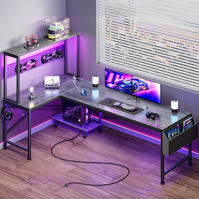 PRAISUN L Shaped Gaming Desk with LED Lights & Power Outlets, Reversible Computer Desk with Storage Shelves & Bag, Large Corner Home Office Desk with Pegboard for Work from Home, Grey by PRAISUN