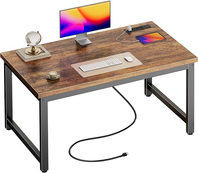 Huuger 48 x 24 inch Desk with Power Outlets & USB-C, Deeper & Thicker Desktop, Robust Metal Tubes, Computer Desk, Heavy Duty Office Desk, Work Gaming Desk for Home Office, Rustic Brown by Huuger