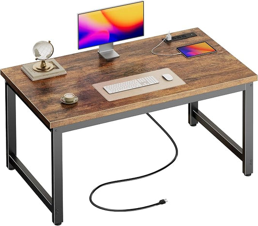 Huuger 48 x 24 inch Desk with Power Outlets & USB-C, Deeper & Thicker Desktop, Robust Metal Tubes, Computer Desk, Heavy Duty Office Desk, Work Gaming Desk for Home Office, Rustic Brown by Huuger