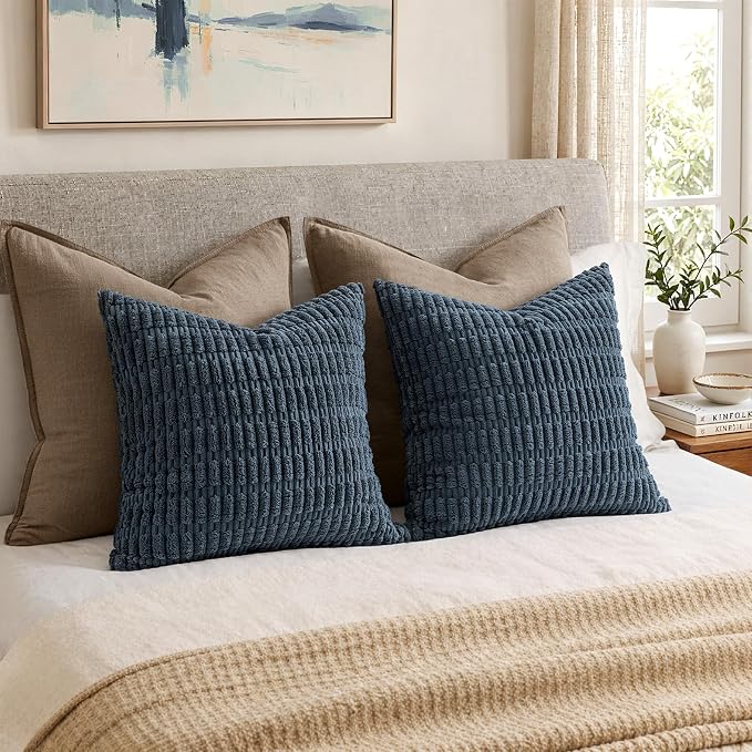 MIULEE Pack of 2 Corduroy Decorative Throw Pillow Covers 18x18 Inch Soft Boho Striped Pillow Covers Modern Farmhouse Home Decor for Summer Coastal Sofa Living Room Couch Bed Blue - Image 5