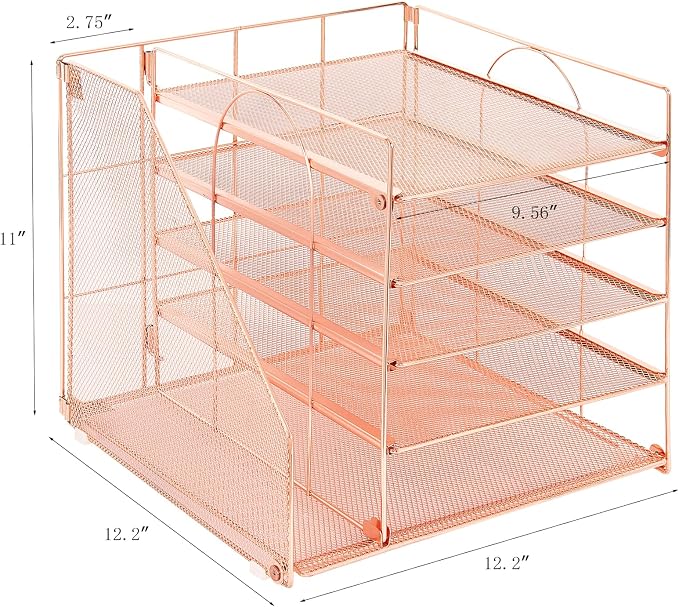 LEKETREE Desk Organizers and Accessories, 5-Tier Paper Letter Tray Organizer with File Holder, Desktop Organizer for Office Supplies (Rose Gold) - Image 4